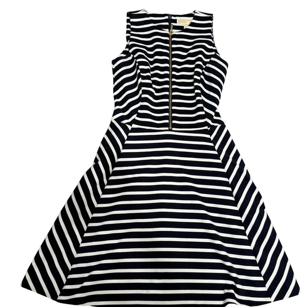 Michael Kors Sleeveless Striped Fit & Flare A Line dress gold zipper front sz 2